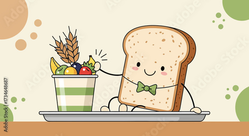 Cartoon illustration of a slice of bread with fruits and wheat ears in a cup character design