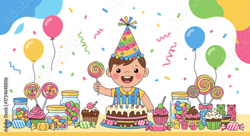 Cartoon illustration showcasing a vibrant birthday party scene with a cheerful boy and sweets