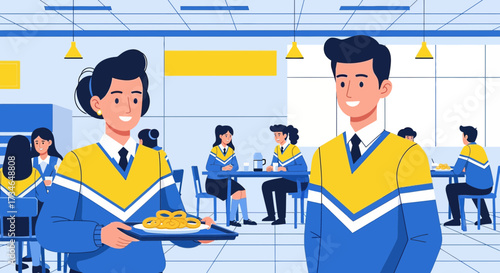 Cartoon illustration showcasing diverse employees enjoying lunch break in a modern cafeteria setting
