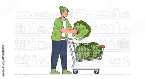 Cartoon Man Shopping for Fresh Produce at the Supermarket Filling his Cart with Cabbage