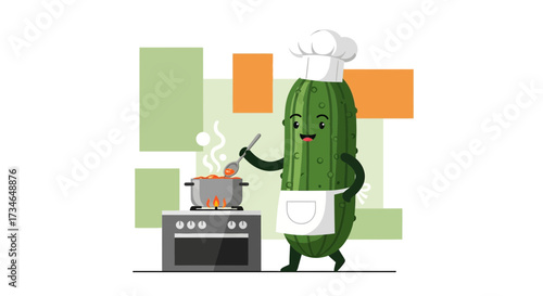 Cartoon pickle character cooking in a kitchen with a stove and a pot full of delicious dish