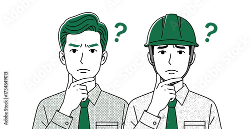 Considering Professional Paths Two men, one in a hard hat, ponder career choices and solutions, symbolizing thoughtful decision-making and future uncertainty