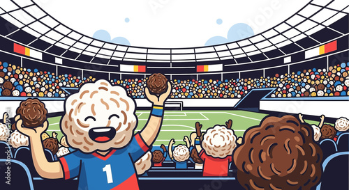 Cartoonish representation of fans cheering at a stadium during a football soccer match illustration