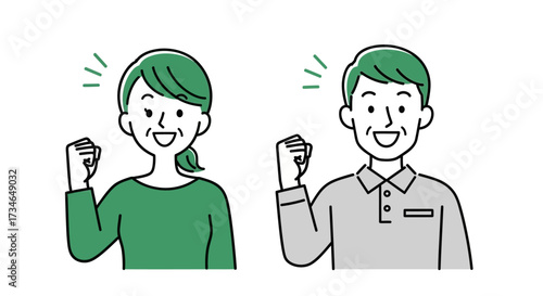 Smiling senior Asian couple in a vibrant vector illustration, raising their fists in a gesture of encouragement, celebrating success, confidence, and a positive outlook on life and achievement