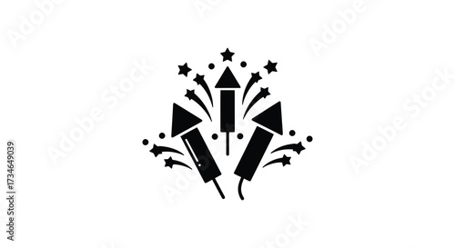 Simple black and white illustration of fireworks and firecrackers exploding