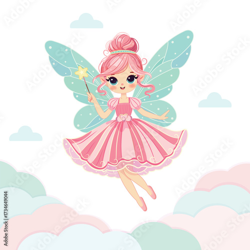 Cute fairy girl flies in the sky with wings and a magic wand flies in the sky on white background. Poster, Banner, Flyer, Greeting Card. Vector illustration in flat cartoon style
