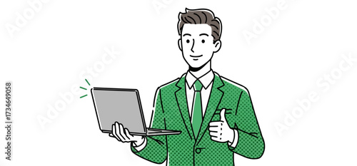 Confident professional in green suit presents innovative digital solutions on laptop, giving a positive thumbs-up, symbolizing modern business success and achievement
