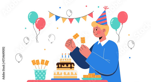 Celebrating birthday with waffles cake and balloons happy festive occasion illustration
