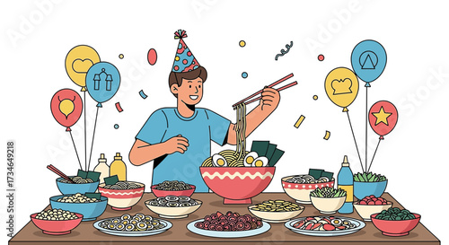 Celebration feast with vibrant ramen bowls balloons and a festive party hat decoration