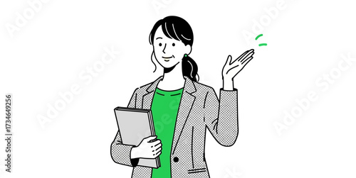 Engaging professional woman illustration presenting a concept or information, confidently gesturing while holding a document or tablet, conveying clarity and expertise