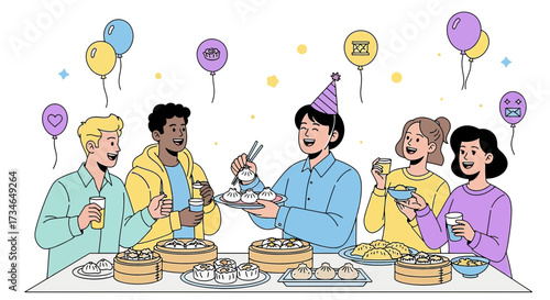 Celebration with friends enjoying a dumpling feast and festive decorations to commemorate an