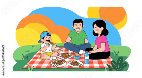 Cheerful family enjoying a picnic together on a sunny day in a vibrant illustration
