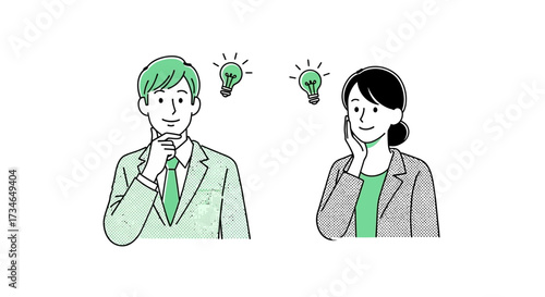 Two dedicated professionals, a man and a woman, actively engaging in creative thinking and idea generation, illuminated by brilliant new concepts for business solutions and strategic development