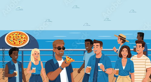 Cheerful cruise with pizza and drinks, a group of friends enjoying a pizza party on a ship during