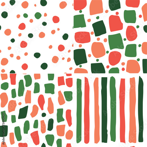 Seamless abstract geometric pattern set with colorful dots, hand-drawn blocks, and vertical stripes. Ideal for fabric, wallpaper, wrapping, and digital backgrounds. Modern trendy design for creative 