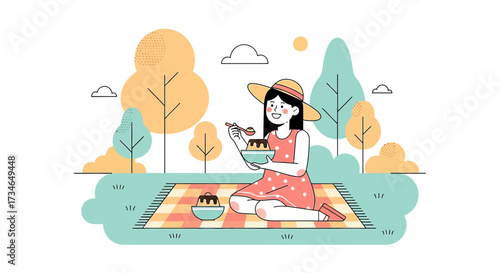 Cheerful girl enjoying a delightful picnic with dessert in a picturesque outdoor setting