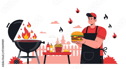Cheerful man grilling a burger with barbecue set on the weekend outdoors illustration