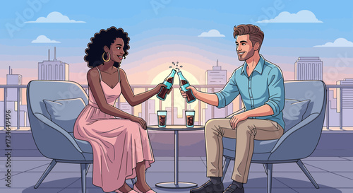 Cheerful interracial couple celebrating with drinks on a rooftop overlooking the city enjoying