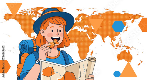Cheerful traveler woman exploring world map with candy and backpack ready for adventure