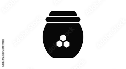 Simple black and white illustration of a honey jar with honeycomb design