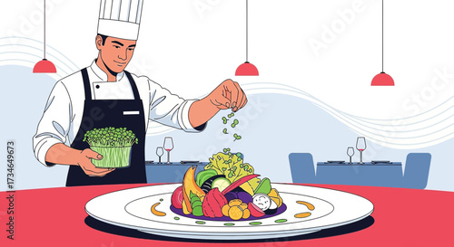 Chef preparing a gourmet vegan dish in a stylish restaurant with exquisite presentation