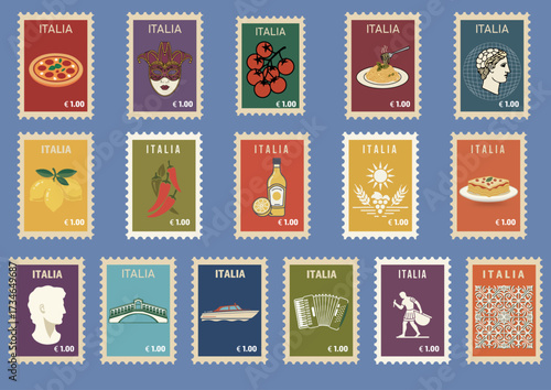 ITALIAN CUISINE AND TRAVEL THEME POSTAGE STAMPS: Modern Vector Graphic Collection Asset Featuring Iconic Food, Limoncello, tomatoes, peppers, Pasta, Venetian Masks, Historical Landmarks, and more