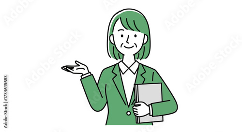 Professional Senior Woman in Business Attire Presenting Information with a Welcoming Gesture, Holding a Document Folder