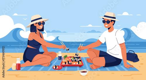 Couple enjoying a beach picnic with sushi and drinks under the summer sun near ocean