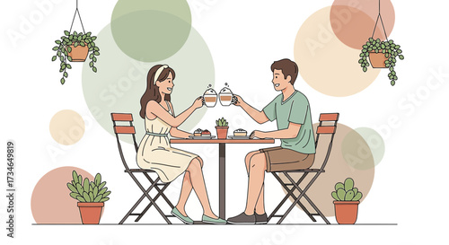 Couple celebrating with coffee and cake at a cafe, surrounded by plants and soft colors, vector