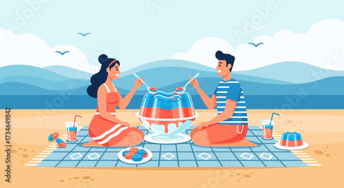 Couple enjoying a beach picnic with a large gelatin dessert and refreshing drinks in summer setting
