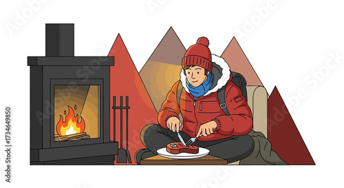 Cozy camping experience illustrated by a warm fire and a hiker enjoying a delicious meal