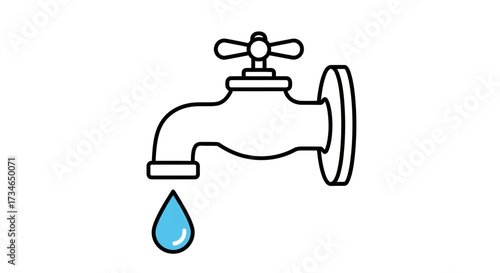 A minimalist vector illustration of a dripping water tap, an essential icon for water conservation and environmental awareness campaigns, highlighting resource waste