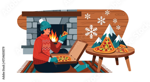 Cozy winter night with pizza by the fireplace in a snowy mountain cabin scene