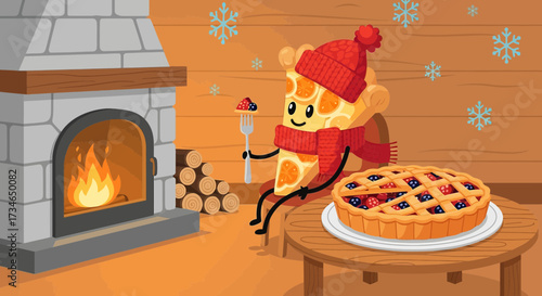 Cozy winter scene with a cute pie character enjoying berry pie by the fireplace