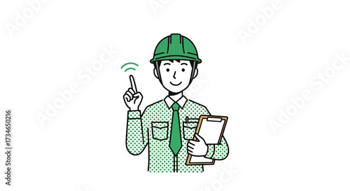 Dedicated construction professional wearing a safety helmet and uniform, pointing skyward with a clipboard, symbolizing new ideas, instructions, or important project information and expert guidance 