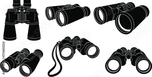 Binocular silhouette vector, black and white, optical device, travel gear, outdoor tool, strap design, compact binoculars, clipart, icon set