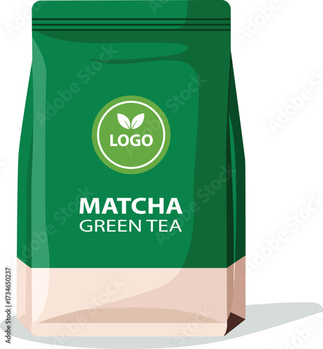 Illustration of a green package of Matcha Green Tea with a logo on a white background.