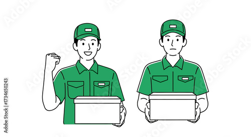 Two male delivery service workers show contrasting emotions one cheerful and successful, the other sad and disheartened, both holding packages