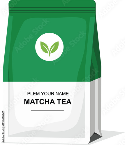 A green and white package of Matcha Tea is displayed with a leaf logo and placeholder text for a brand name.