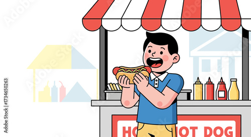Delighted boy enjoying a hot dog from a street vendor with colorful condiments and illustration