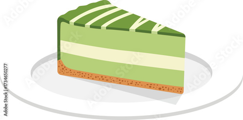 A slice of green layered cake with white drizzle on a white plate.