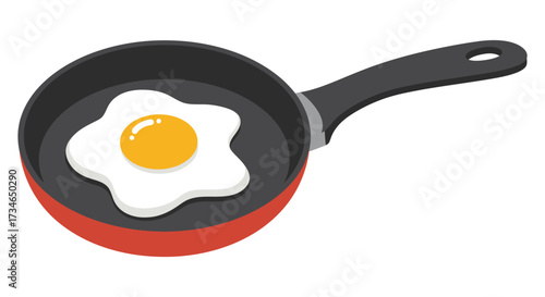 A freshly cooked fried egg sits within a red and black frying pan