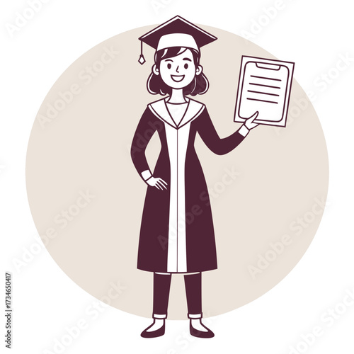 Female graduate silhouette holding graduation certificate and smiling pose.