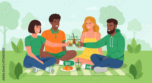 Diverse group of friends enjoying a summer picnic with boba tea and good company in a park setting
