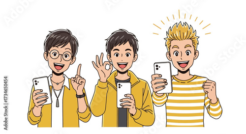 Three enthusiastic young men cheerfully engaging with their smartphones, showcasing modern digital communication and the evolving smart technology experience