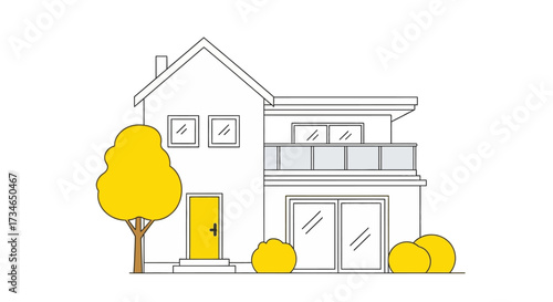 Modern line art illustration of a charming residential house with a vibrant yellow door and cheerful landscaping, embodying a cozy home concept and modern living