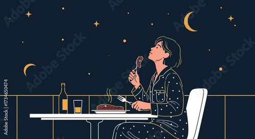 Dreamy late night supper under starry sky pajama-clad woman enjoying meal alone at table