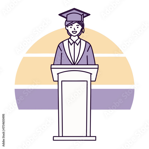 Student silhouette standing at podium, giving graduation speech, vector design.
