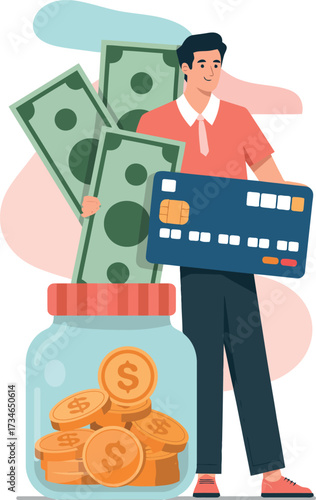 A cheerful man is depicted with a large jar filled with gold coins, symbolizing savings and financial accumulation.