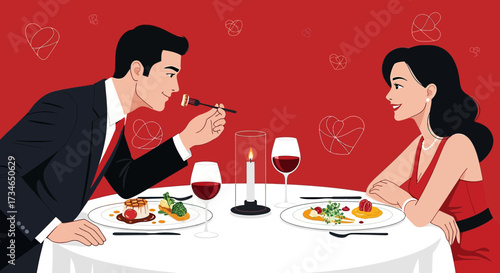 Elegant couple enjoying a romantic dinner with wine and candlelight on valentine's day